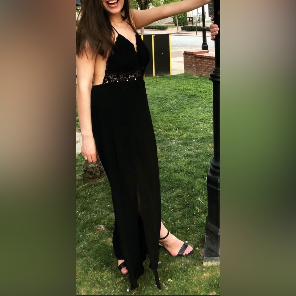 Tobi Long Black Dress with Lace Detail and Low Back with Tie in Back